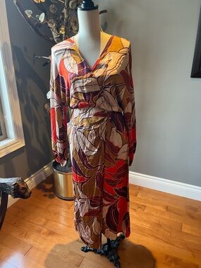 Anthropologie Floral Maxi Wrap Dress in Red, Mustard, Brown